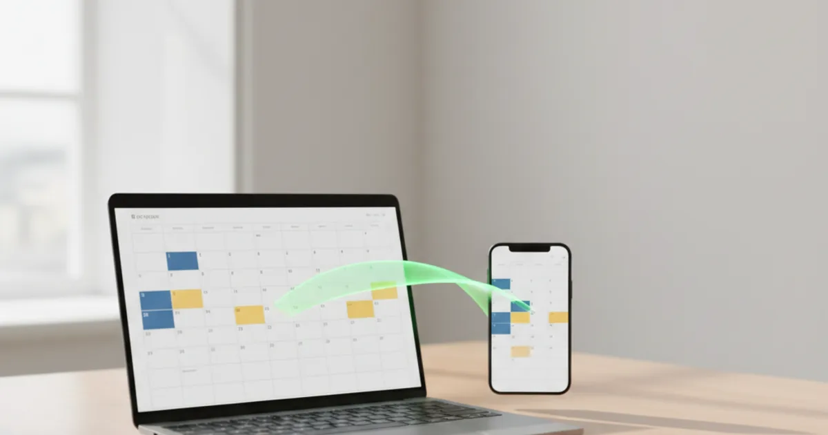 A laptop and phone syncing calendars across a green link - how to sync Google Calendar with Outlook two-way